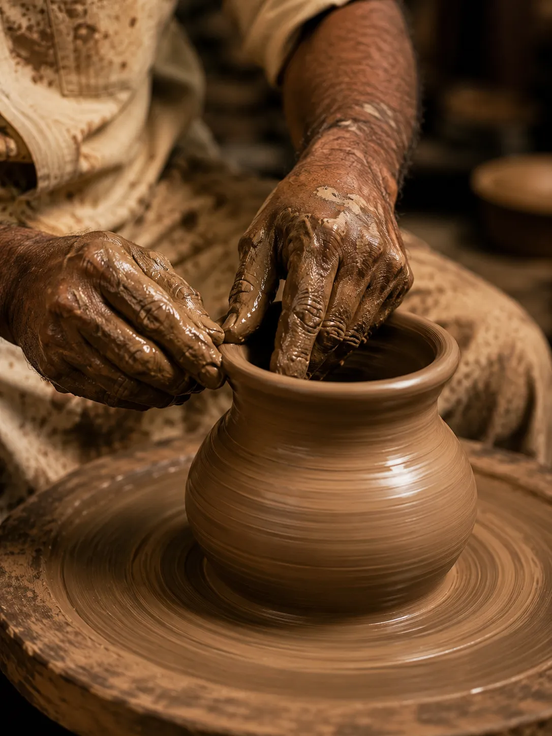 Master craftsman hands detailing raw clay on potter wheel