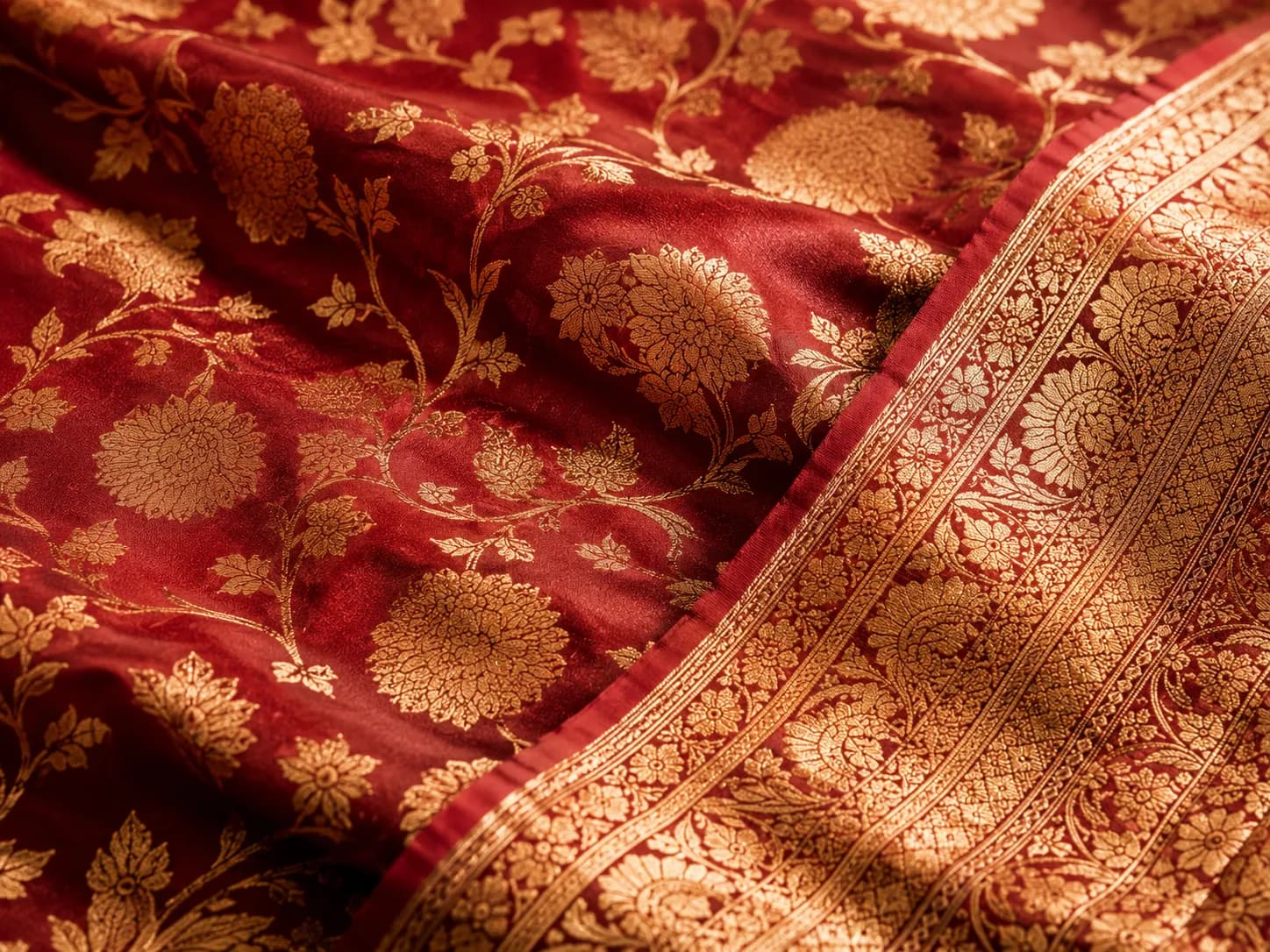 Intricate gold brocade and silk threads of a Banarasi Saree
