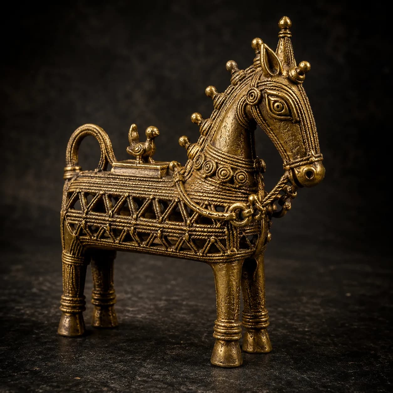 Authentic Bastar Dhokra lost-wax cast brass tribal sculpture showing signature clay-thread lines