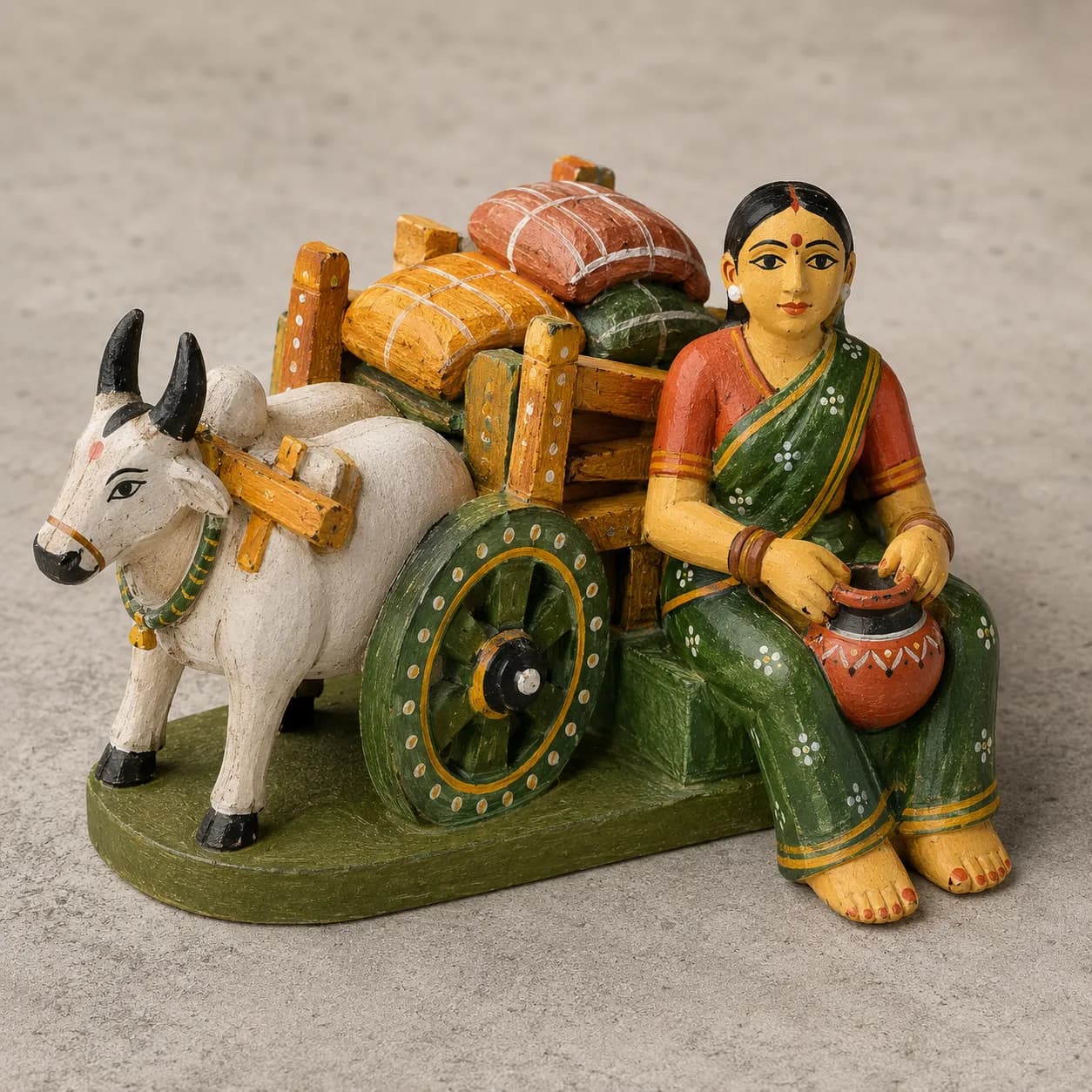 Hand-carved soft wood Kondapalli toy painted with organic pigments depicting village life