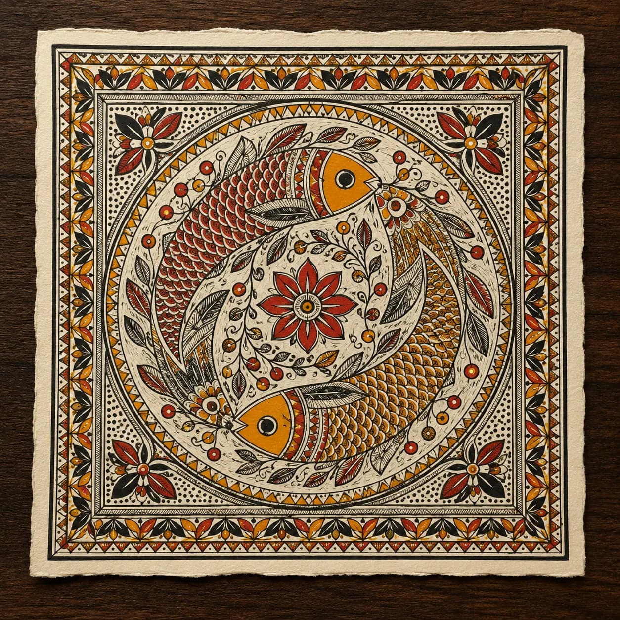 Traditional hand-painted Madhubani fine art showing organic dyes and geometric borders