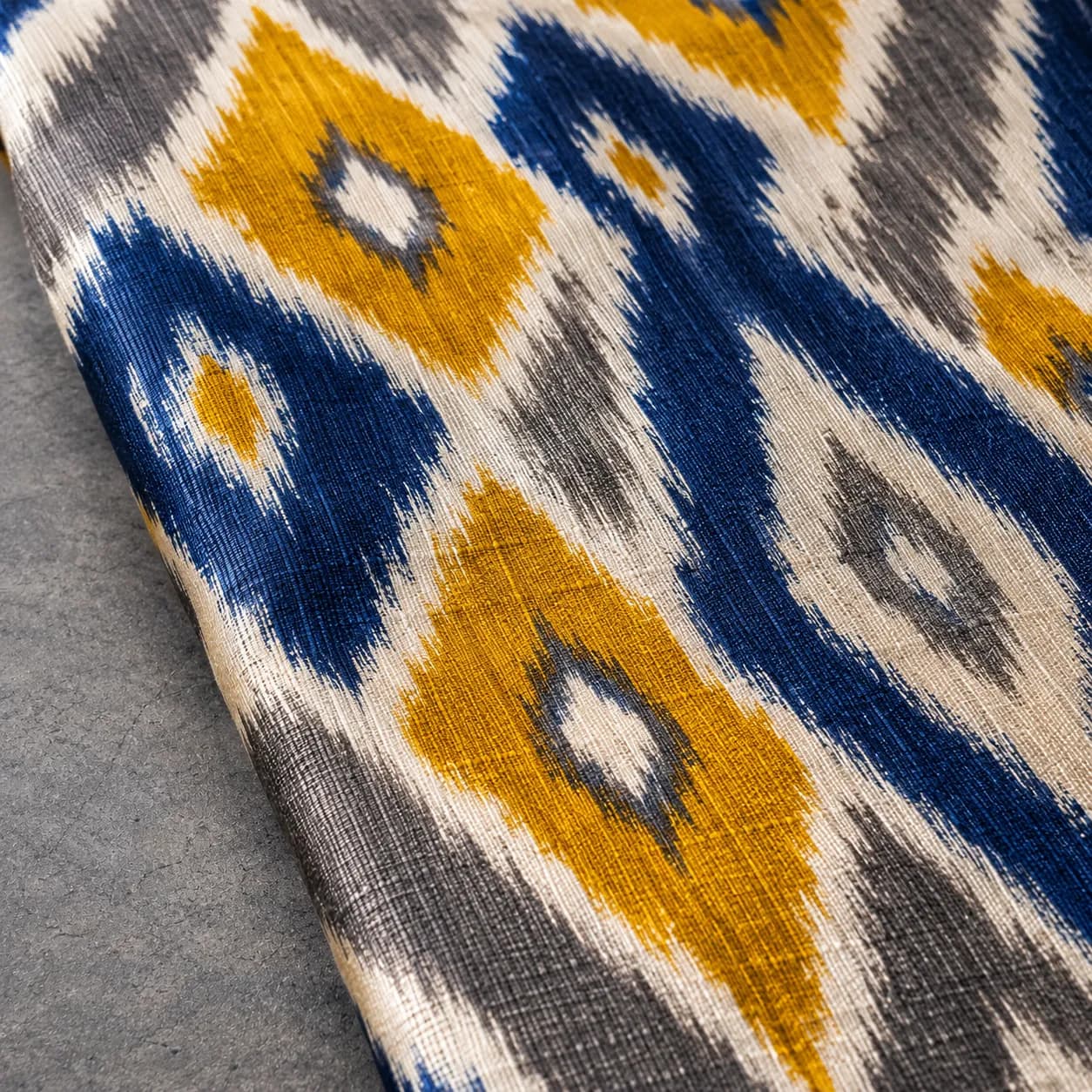 Geometric tie-and-dye weaving pattern of a Pochampally Ikat silk fabric