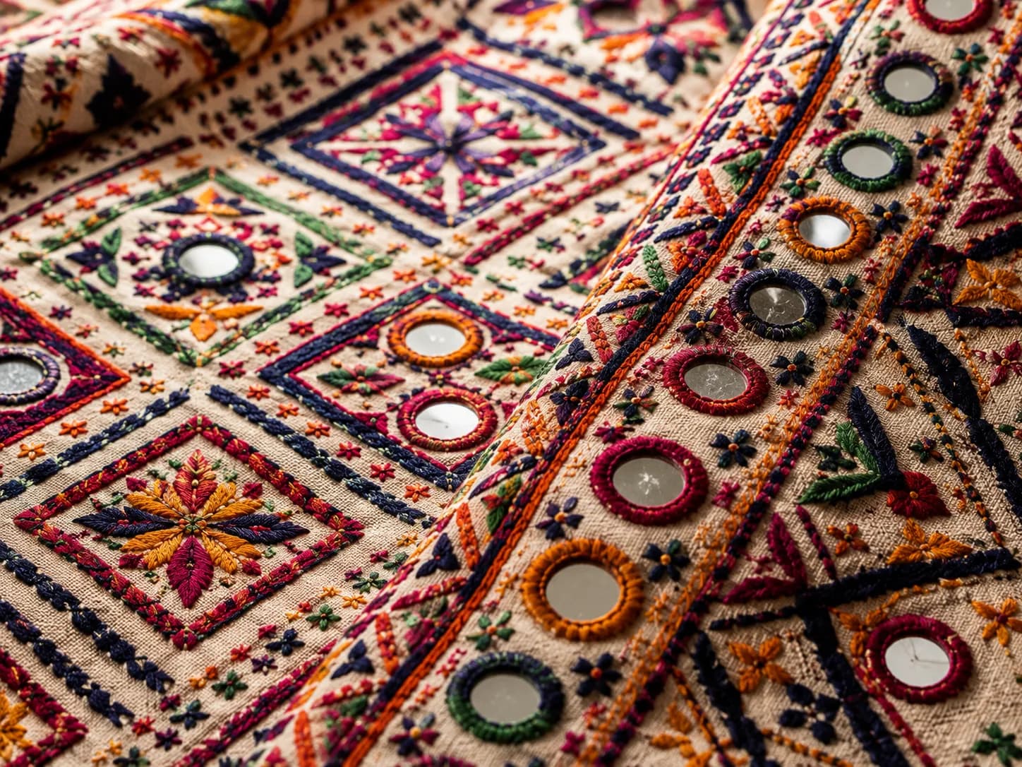 Traditional mirror-work and geometric stitching of Kutch hand embroidery