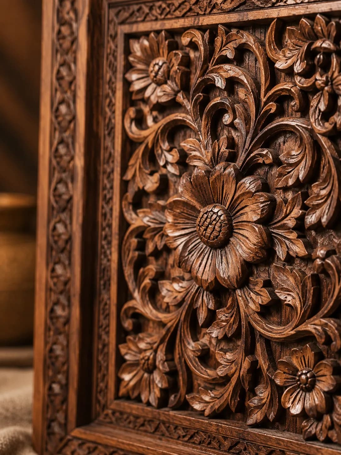 Hand-chiselled floral and geometric reliefs on rosewood block